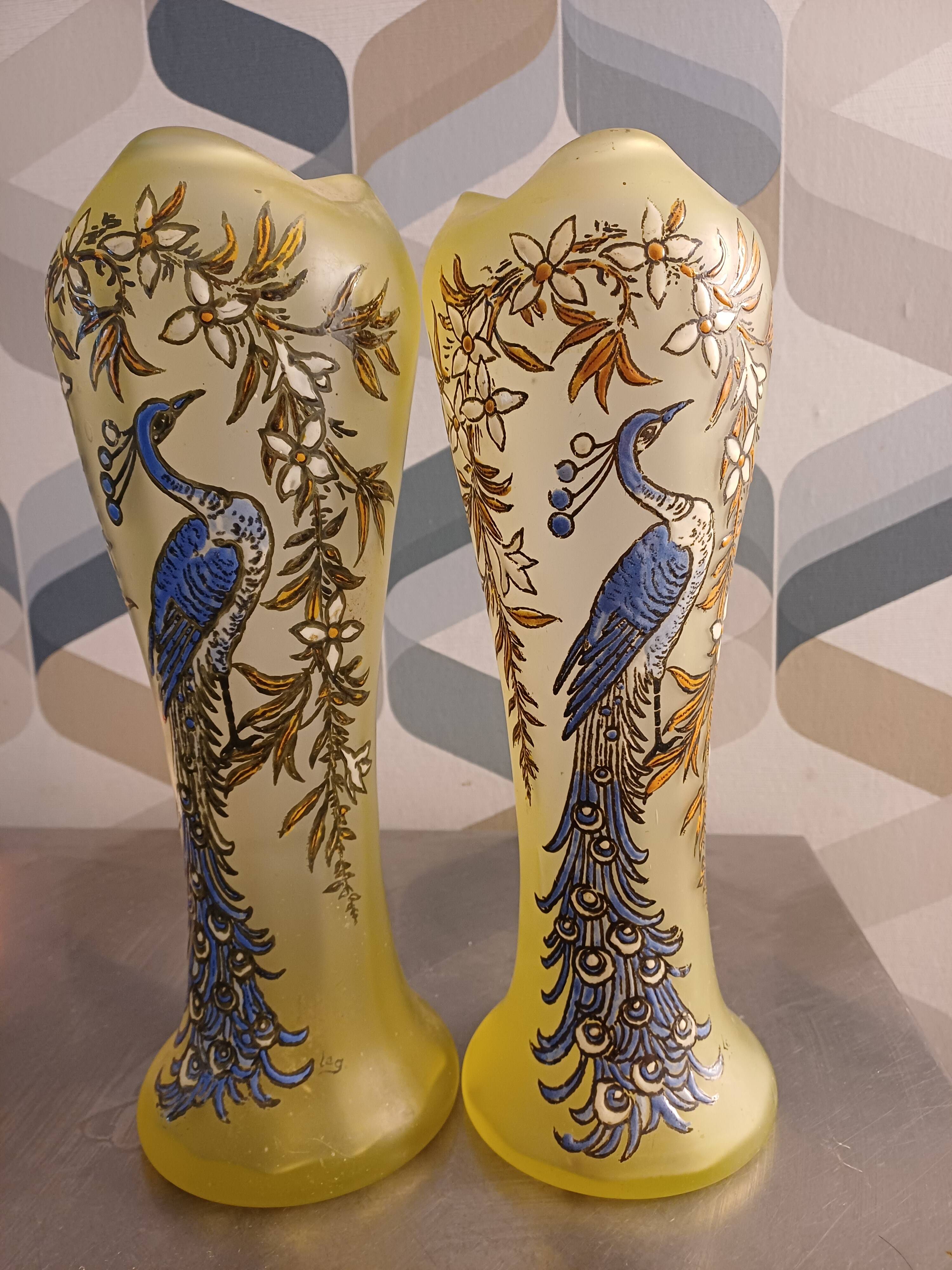 Pair of Legras vases in peacock glass
