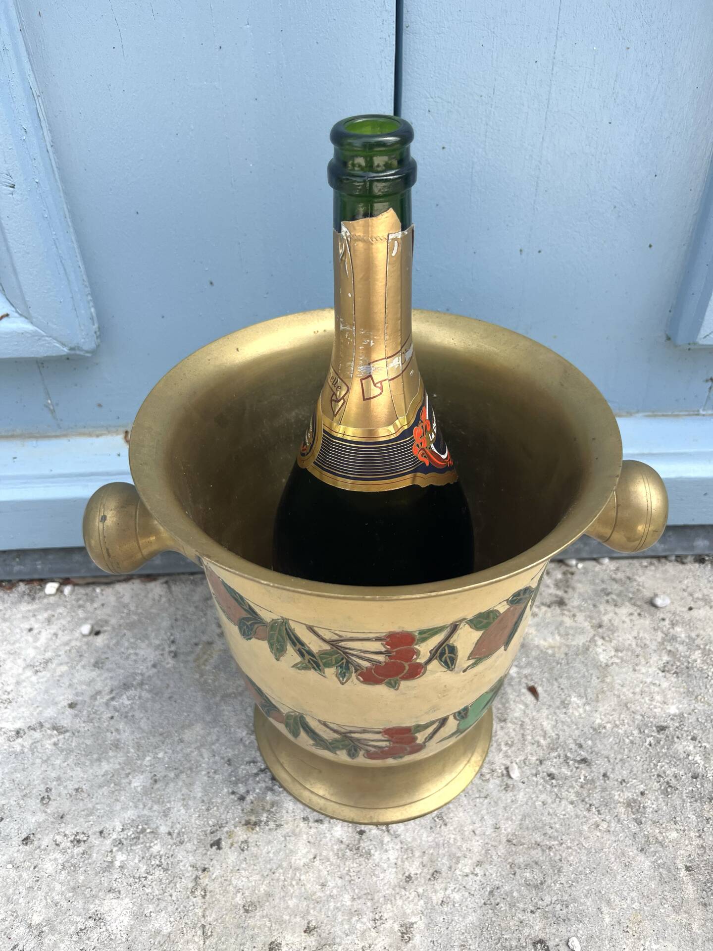French Brass Cloisonné Style Champagne Bucket with Hand-Painted Fruit