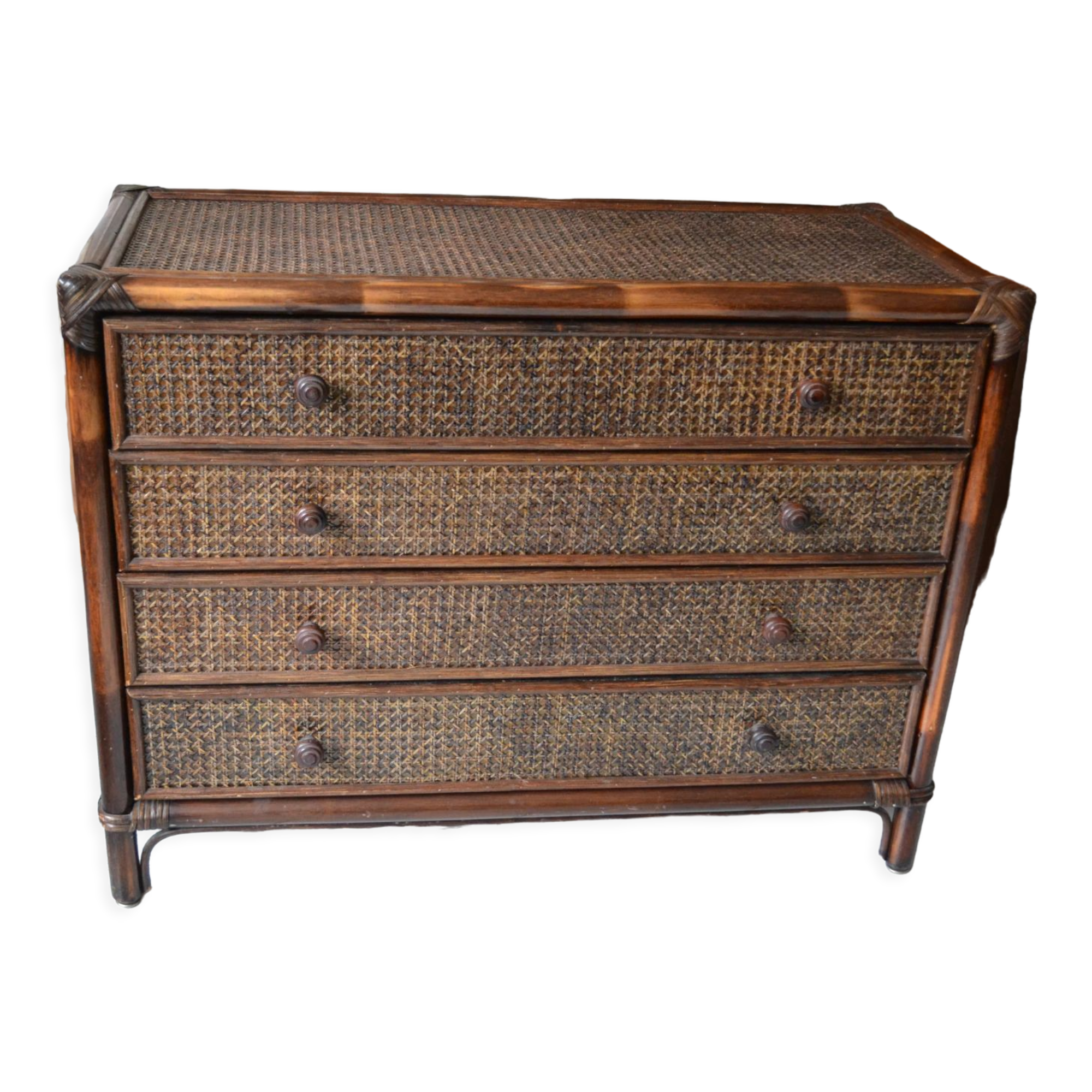 Vintage rattan bamboo chest of drawers