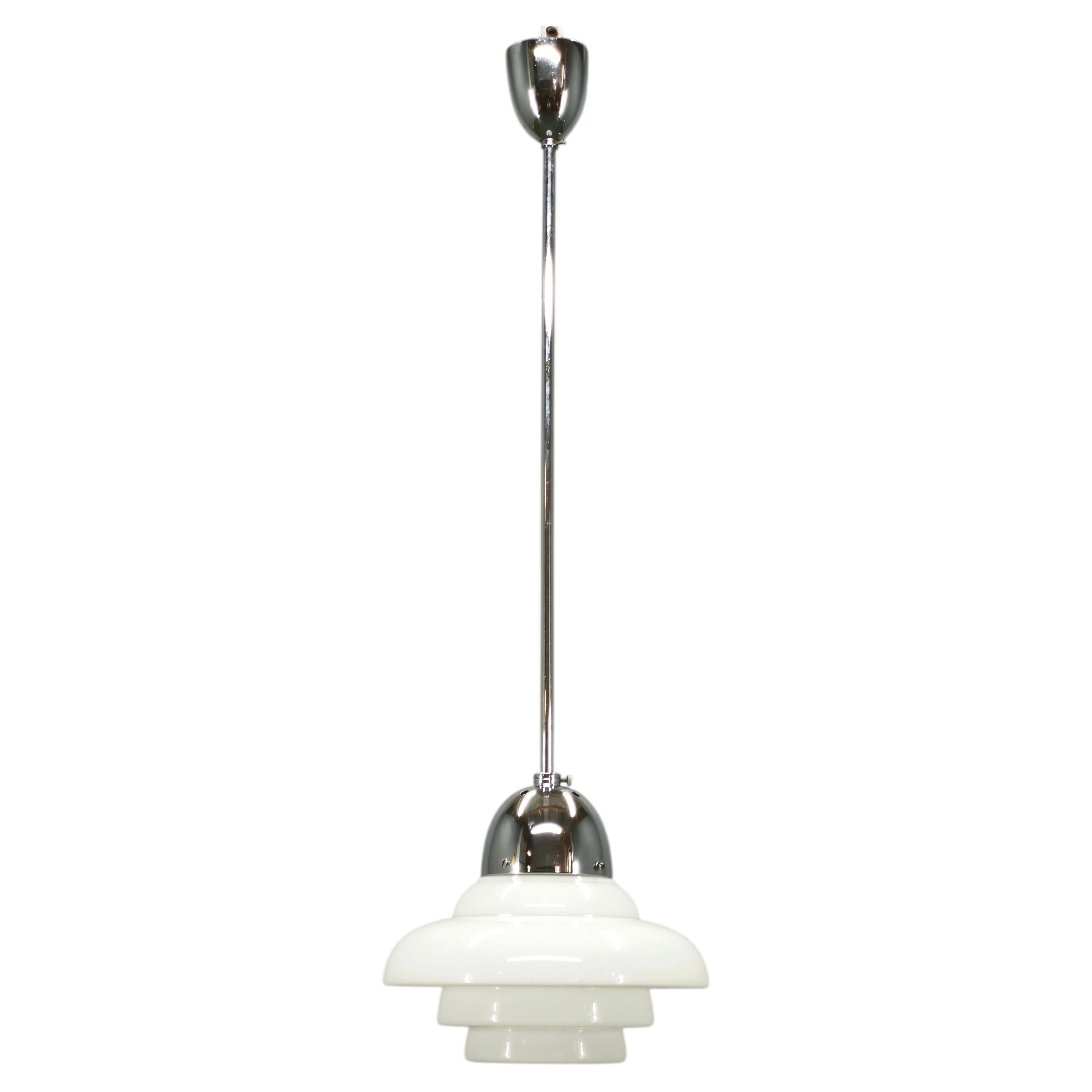 1930s Art Deco Bauhaus Opaline Glass and Chrome Pendant Light