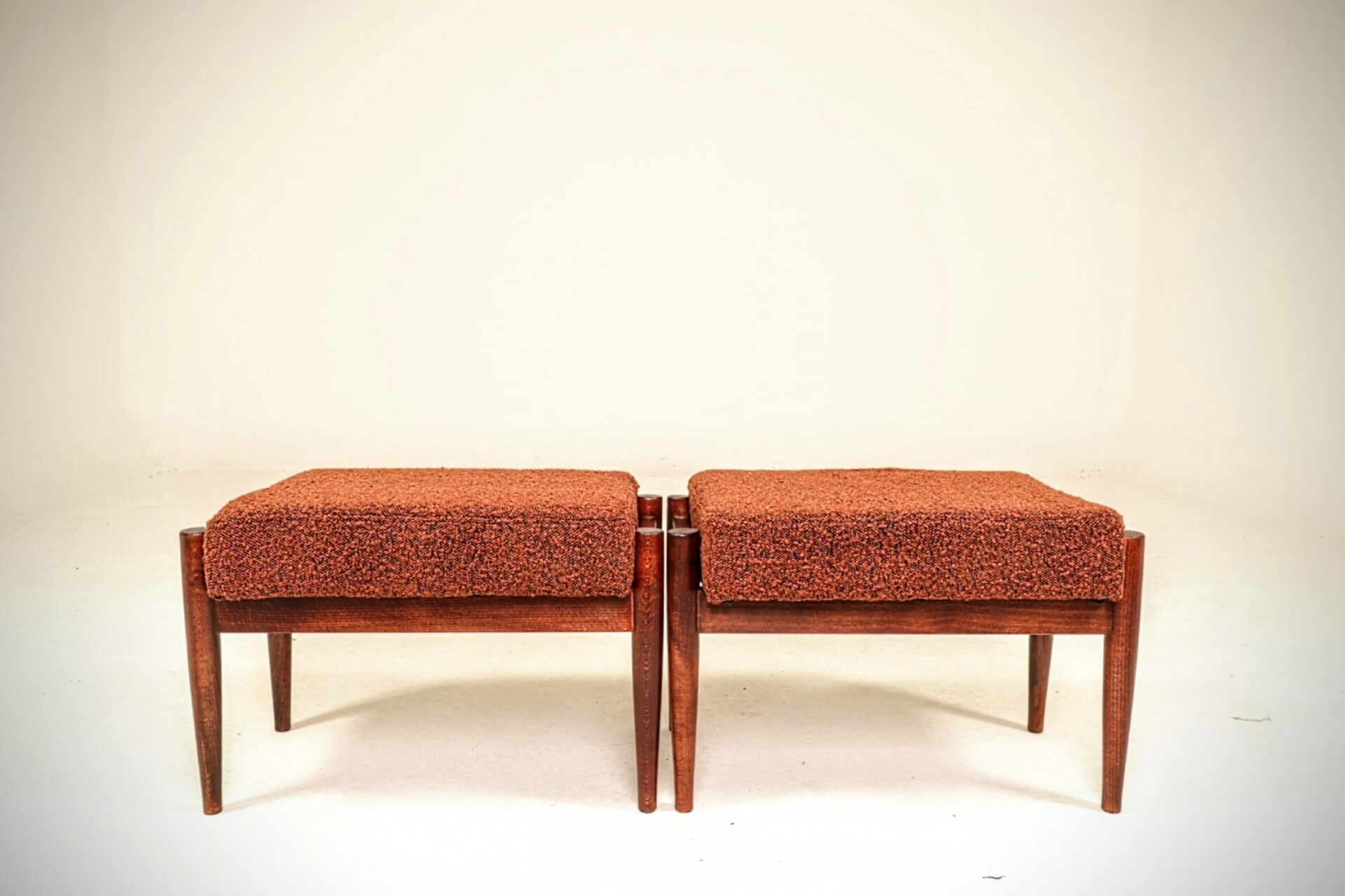Set of two vintage-style footstools, bouclé cinnamon color