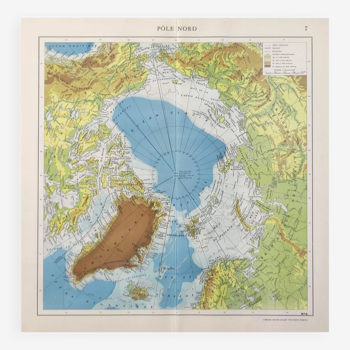 Carte Pôle Nord océan Arctique Groenland Islande vintage de 1950