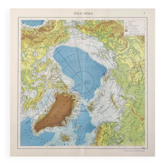 Carte Pôle Nord océan Arctique Groenland Islande vintage de 1950