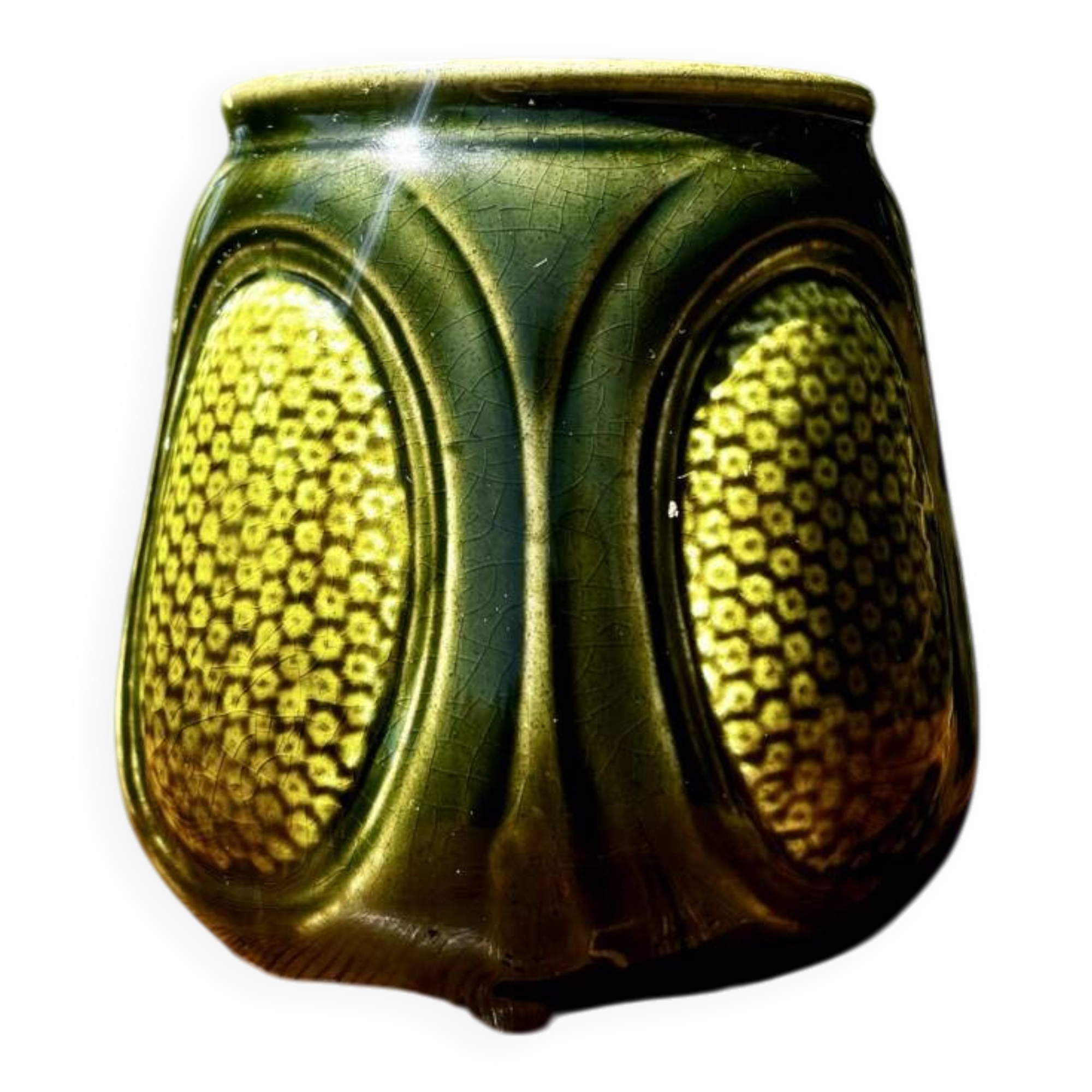 Pretty little antique pot, Majolica Sarreguemines green slipware.