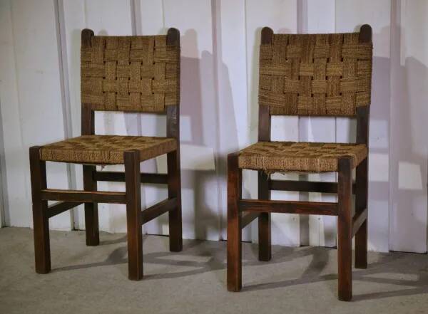 Pair of Brutalist chairs with braided rope seats, 1950s