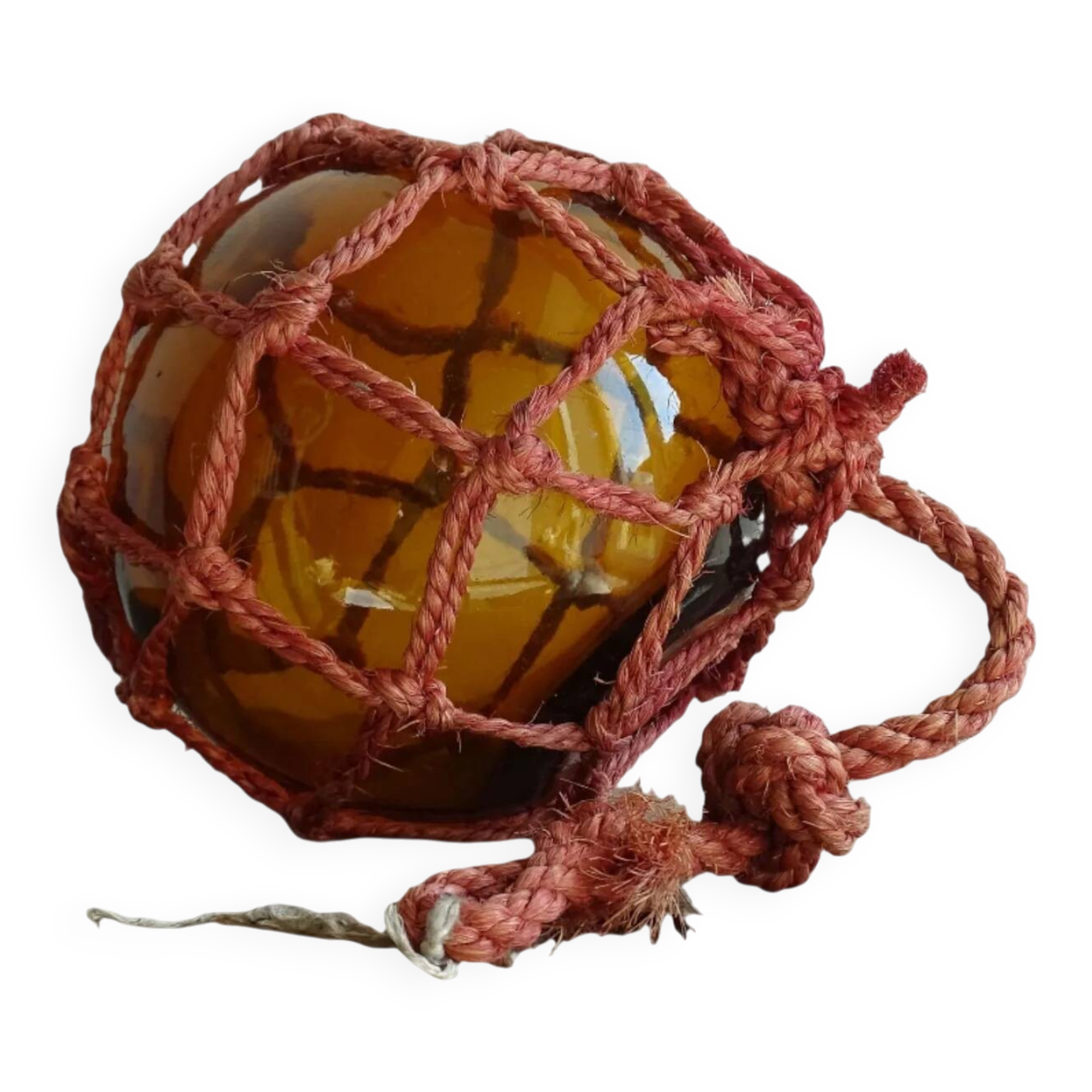 Flotteur de pêche vintage français en verre ambré