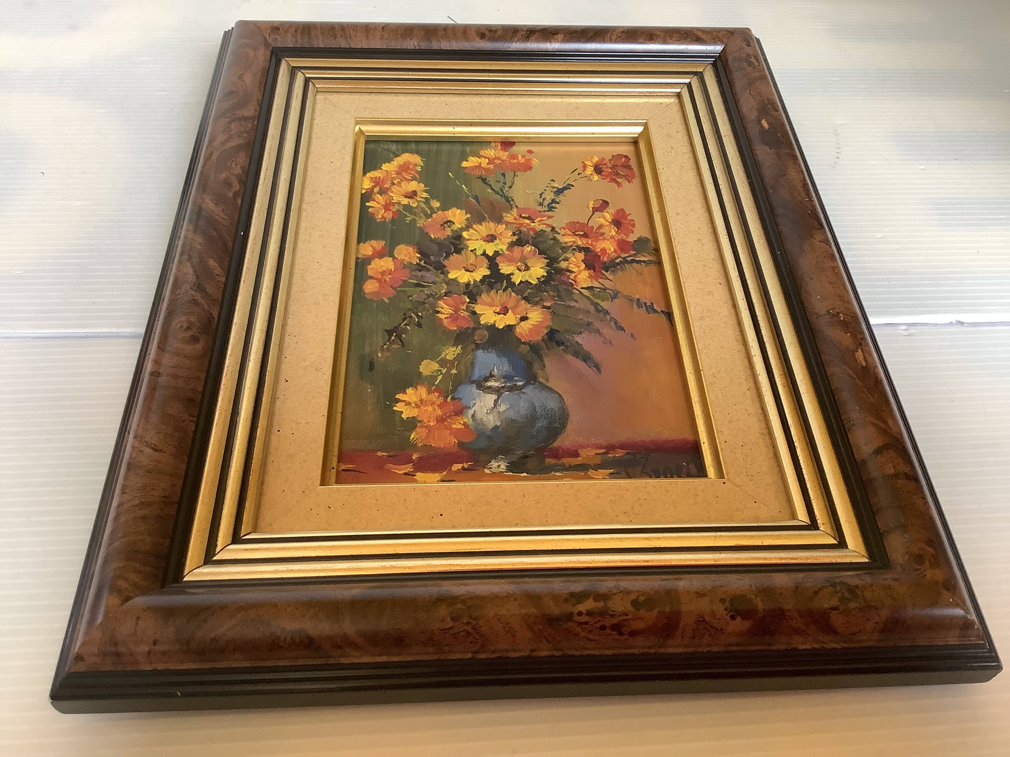 Petit tableau bouquet de fleurs huile sur panneau signée