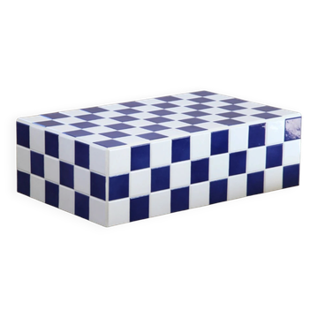 Blue and white checkered tiled coffee table