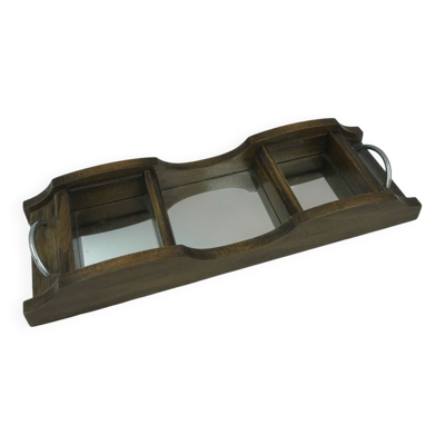 Plateau à compartiment en bois et miroir, ancien vintage