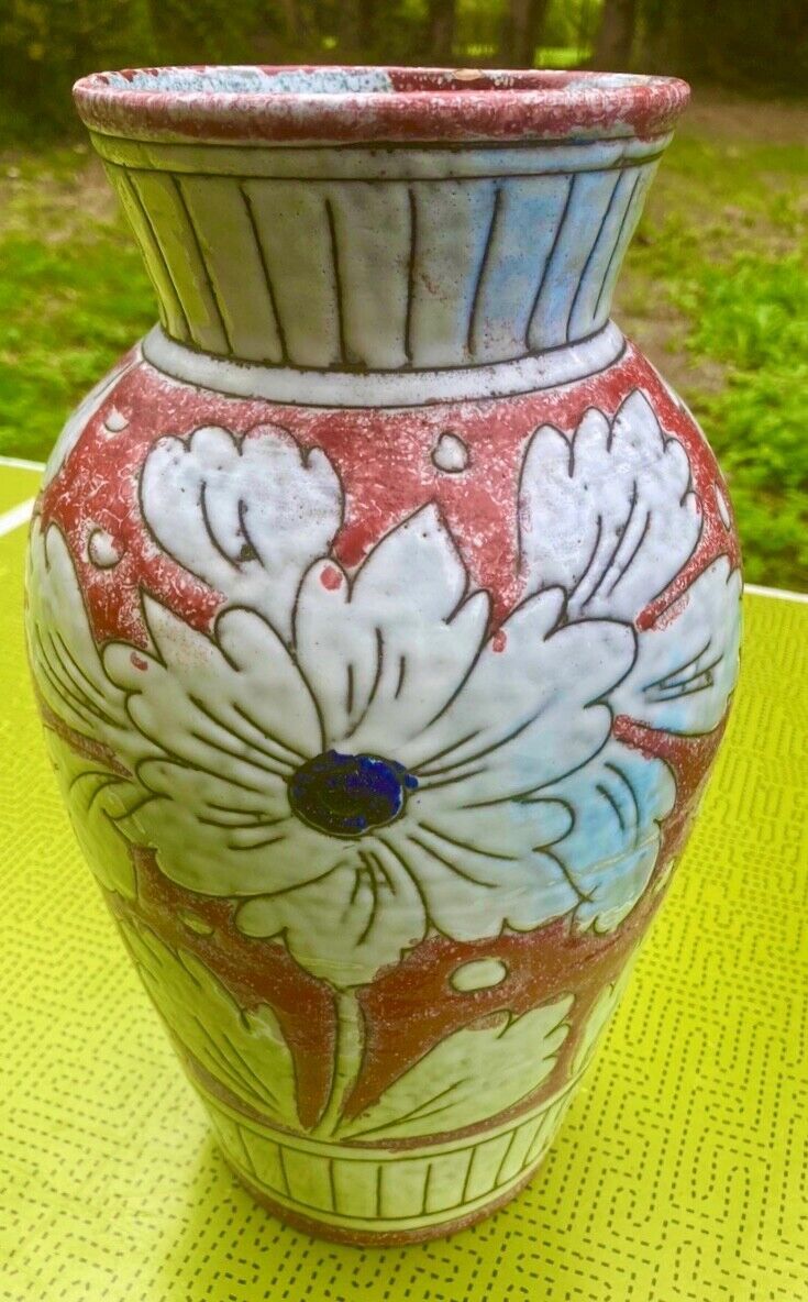 Vase in glazed ceramic decoration of flowers signed below italy - vintage 1950
