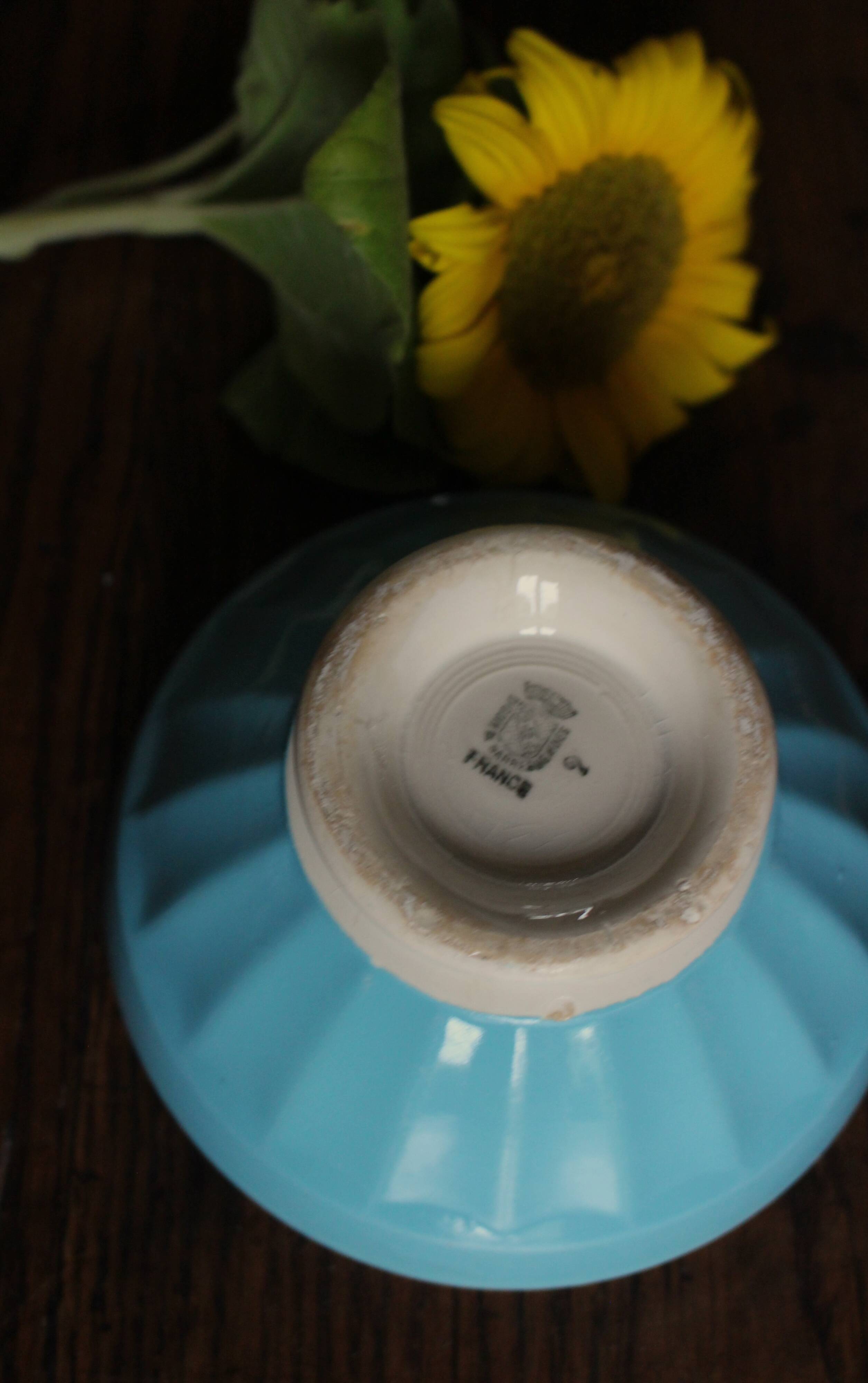 Vintage Digoin Sarreguemines blue ribbed earthenware bowl on foot