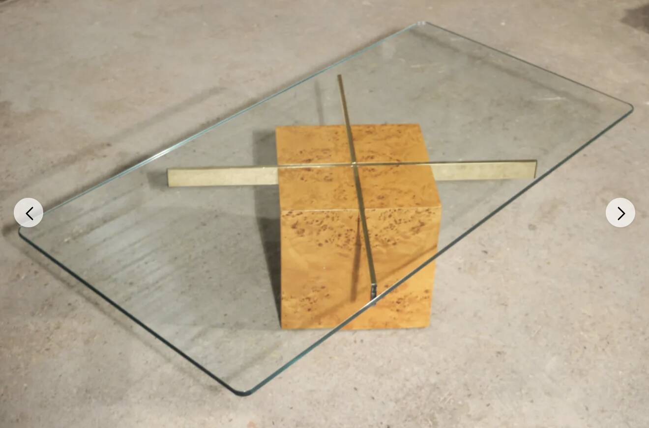 Coffee table in elm burl and tempered glass by Jean-Claude Mahey for Roche Bobois.