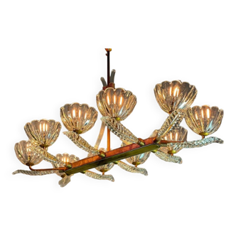 Lustre Vénitien En Verre De Murano Incolore Et Laiton, 10 Bras De Lumière, Vers 1940