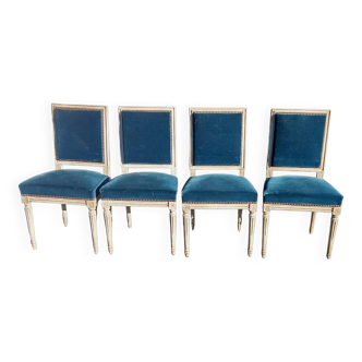 Set of 4 Louis XVI style blue velvet chairs