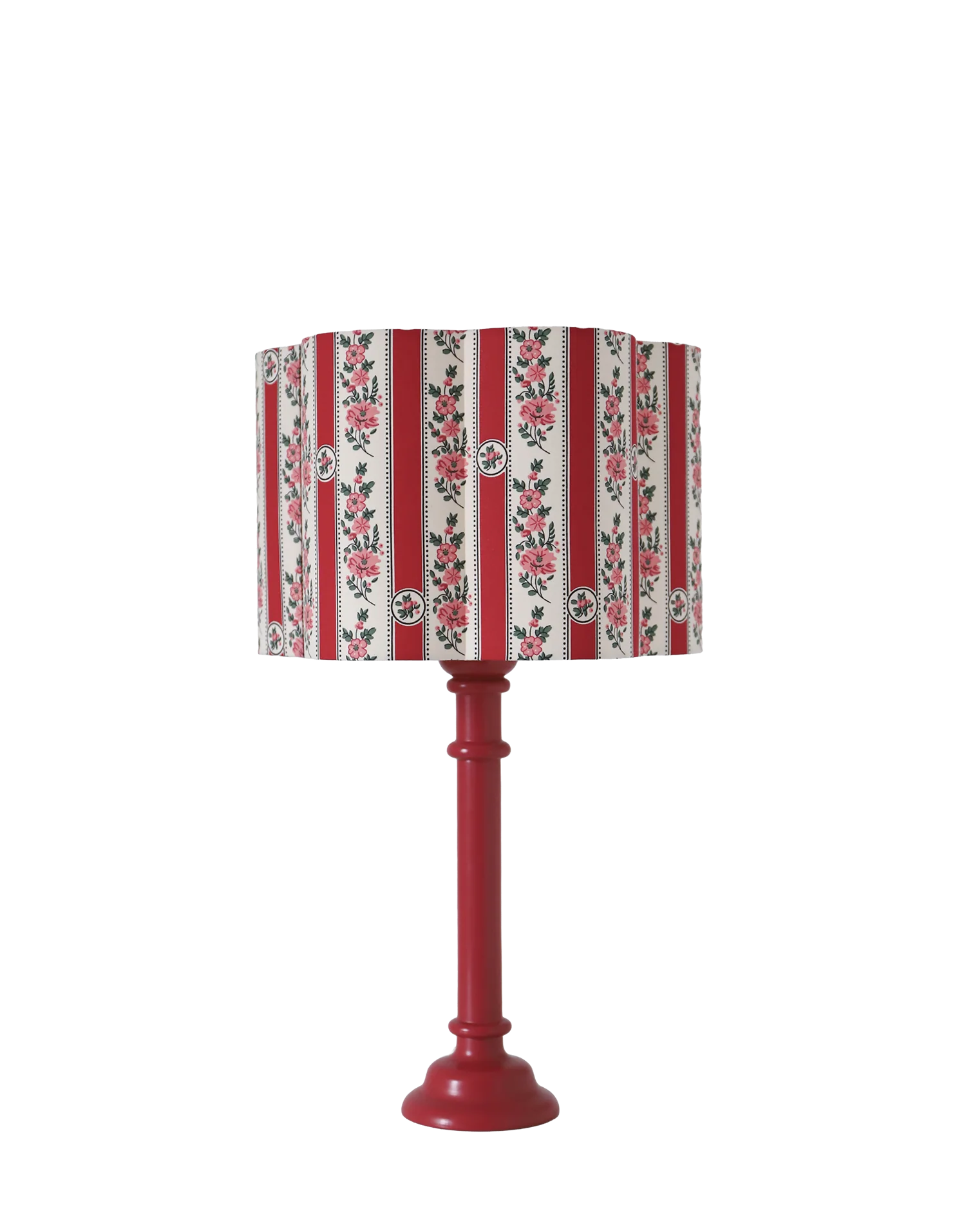 Recycled vintage lamp — turned red wooden base, floral shade