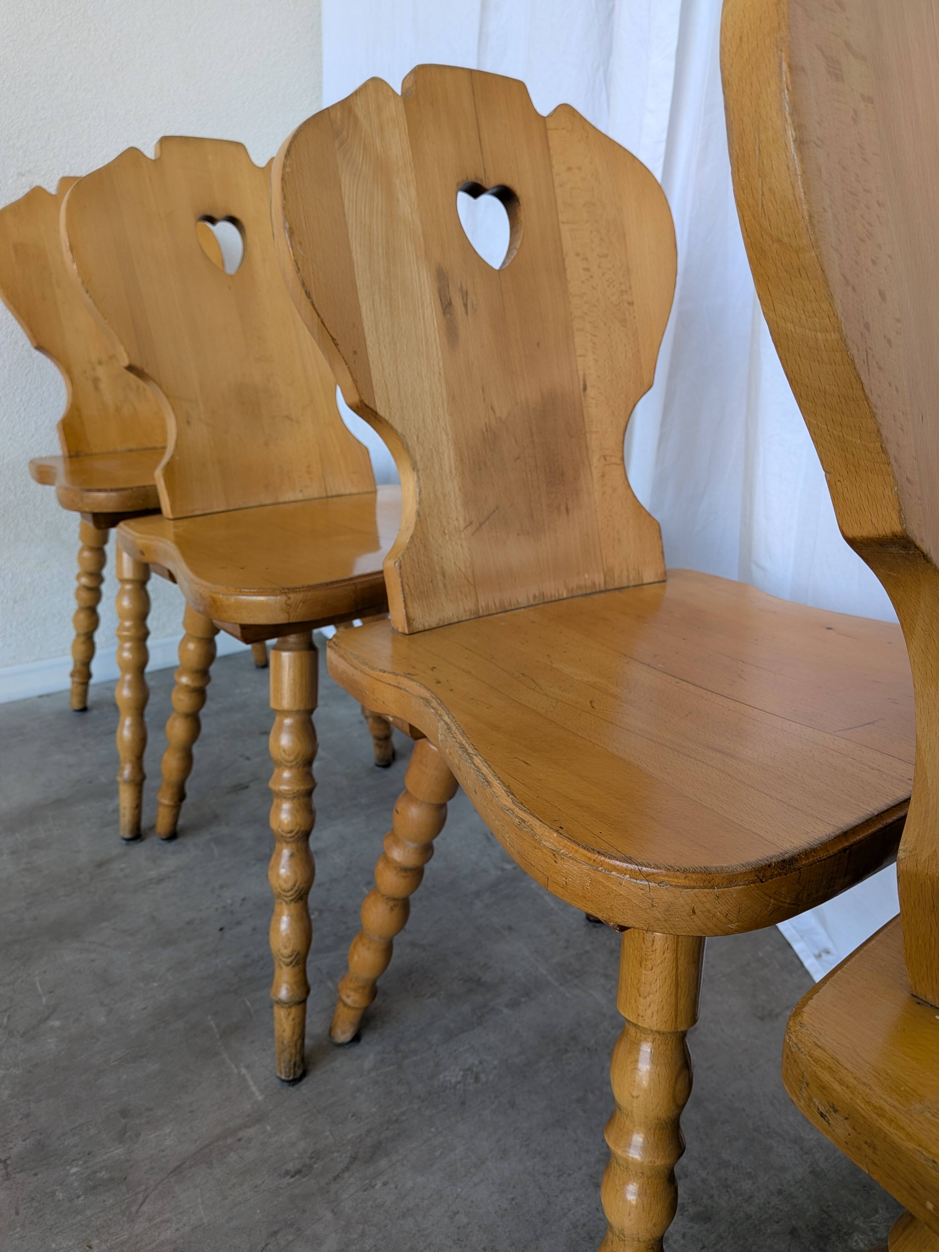 Set of 6 Vintage Tyrolean Heart Cutout Wooden Dining Chairs, Farmhouse