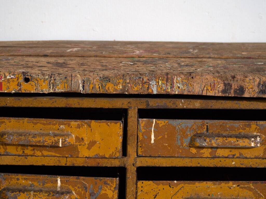 Industrial drawer unit in pine and iron – Central Europe, circa 1950