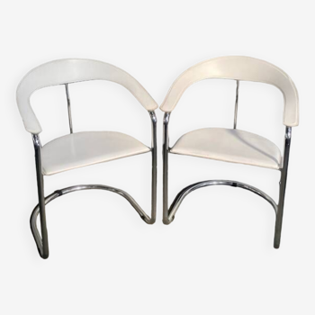 Pair white leather & chrome "canasta" armchairs by arrben - italy 1980's