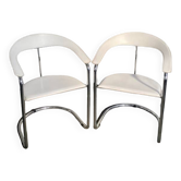 Paire de fauteuils "canasta" en cuir blanc et chrome par arrben - italie années 80
