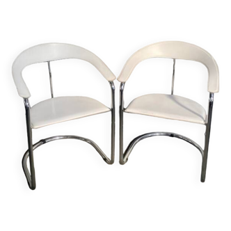 Pair white leather & chrome "canasta" armchairs by arrben - italy 1980's
