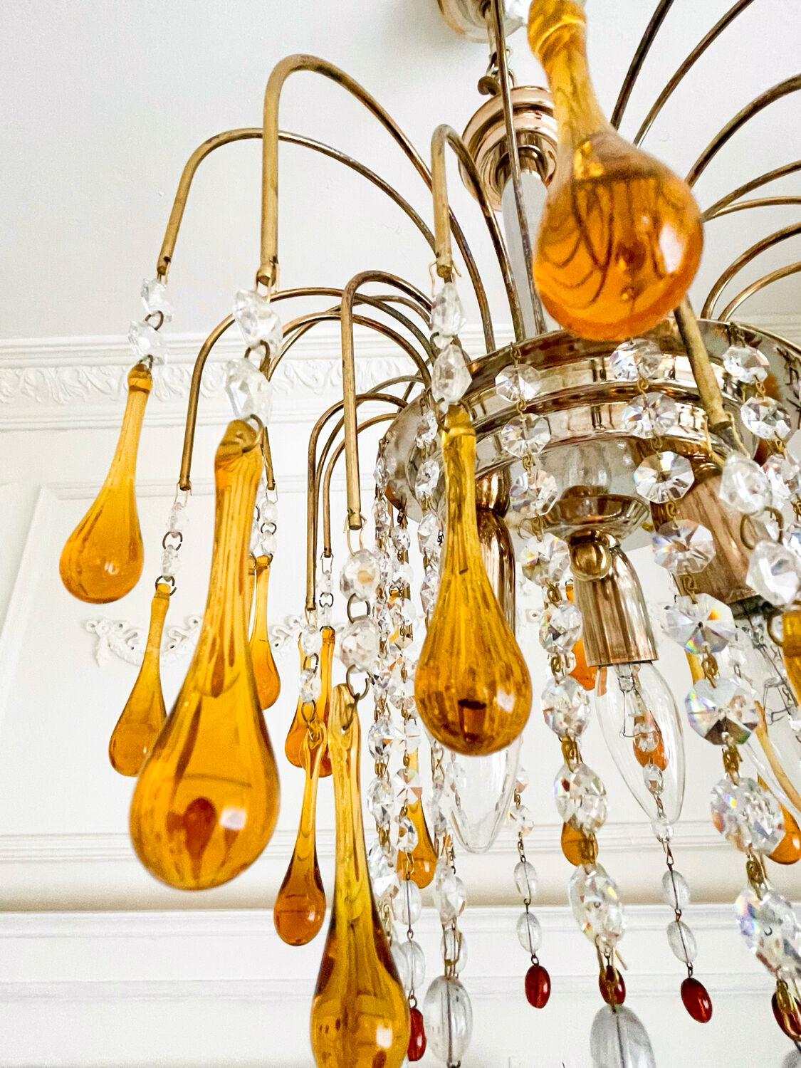 Lustre cascade Murano vintage en verre ambré et cristal, chandelier it
