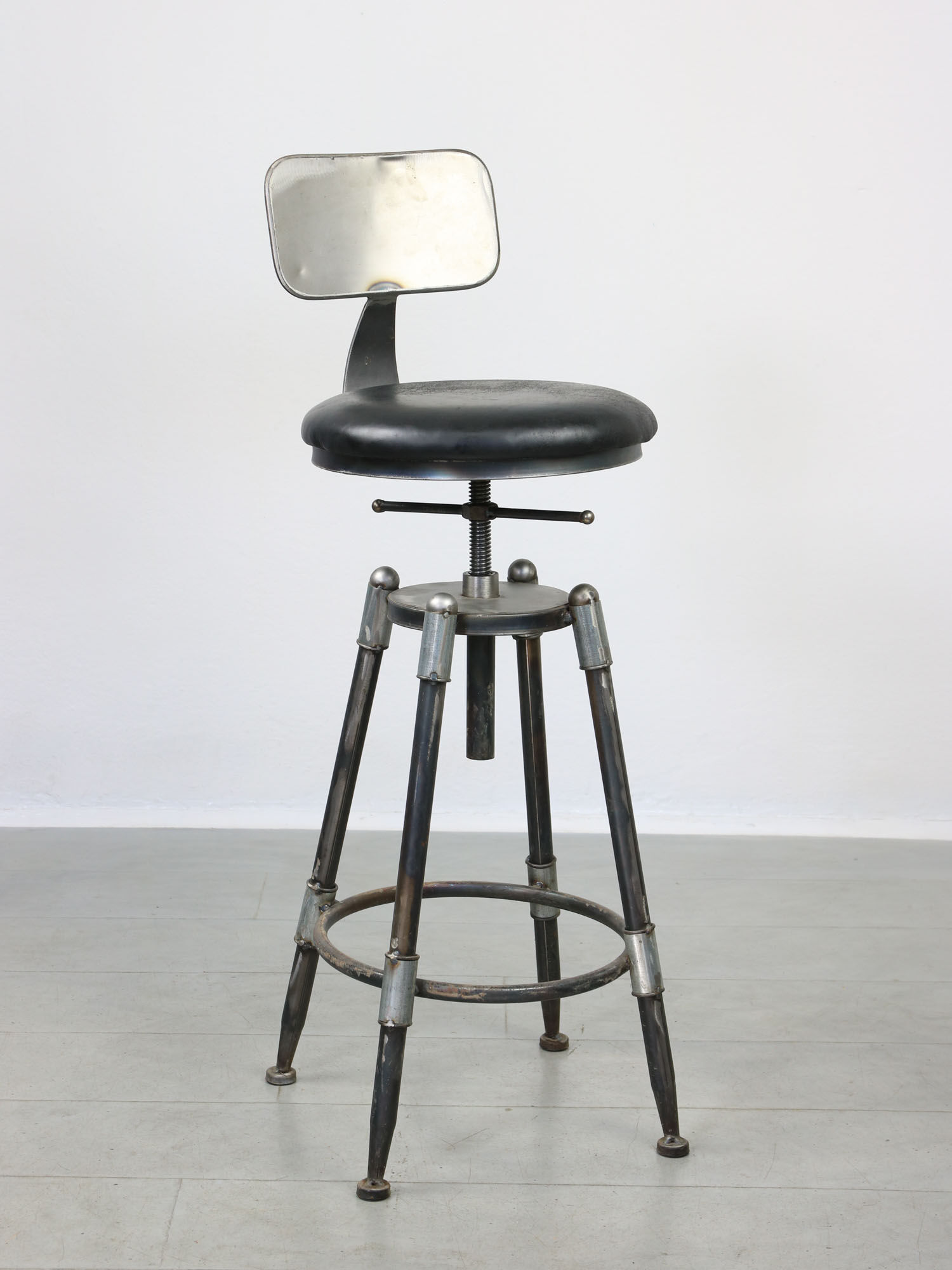 Vintage industrial metal & leather swivel bar stool