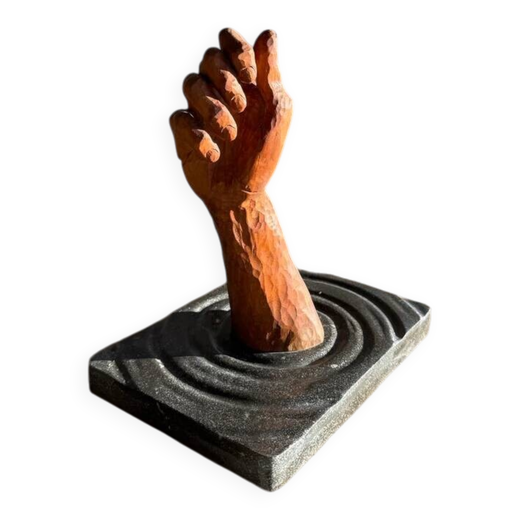 Walter De Buck "Het Hand" — Red-brown Wood Hand Sculpture on Dark Grey Concrete Base (1980)