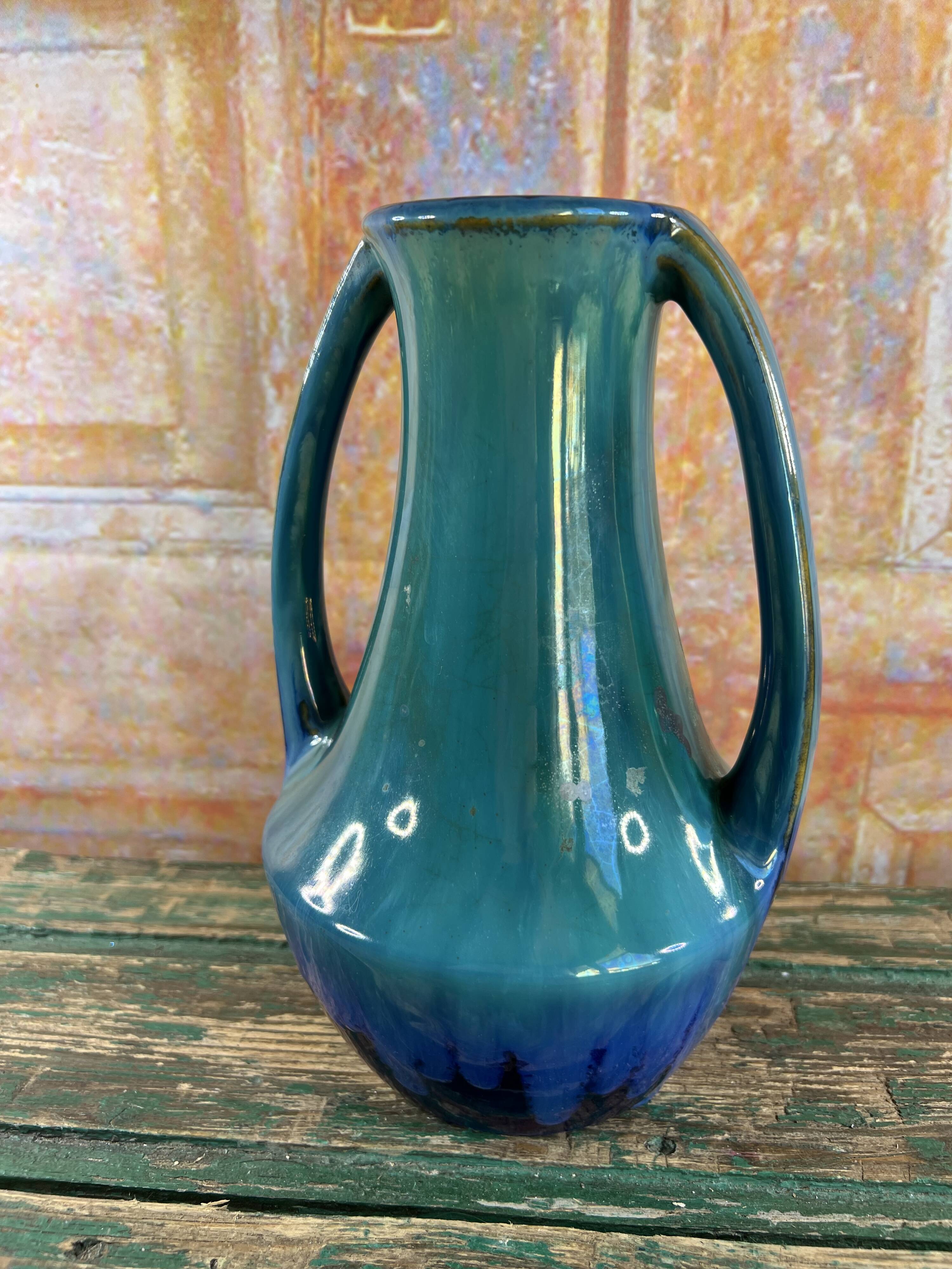 Blue & green glazed ceramic vase Art Nouveau style
