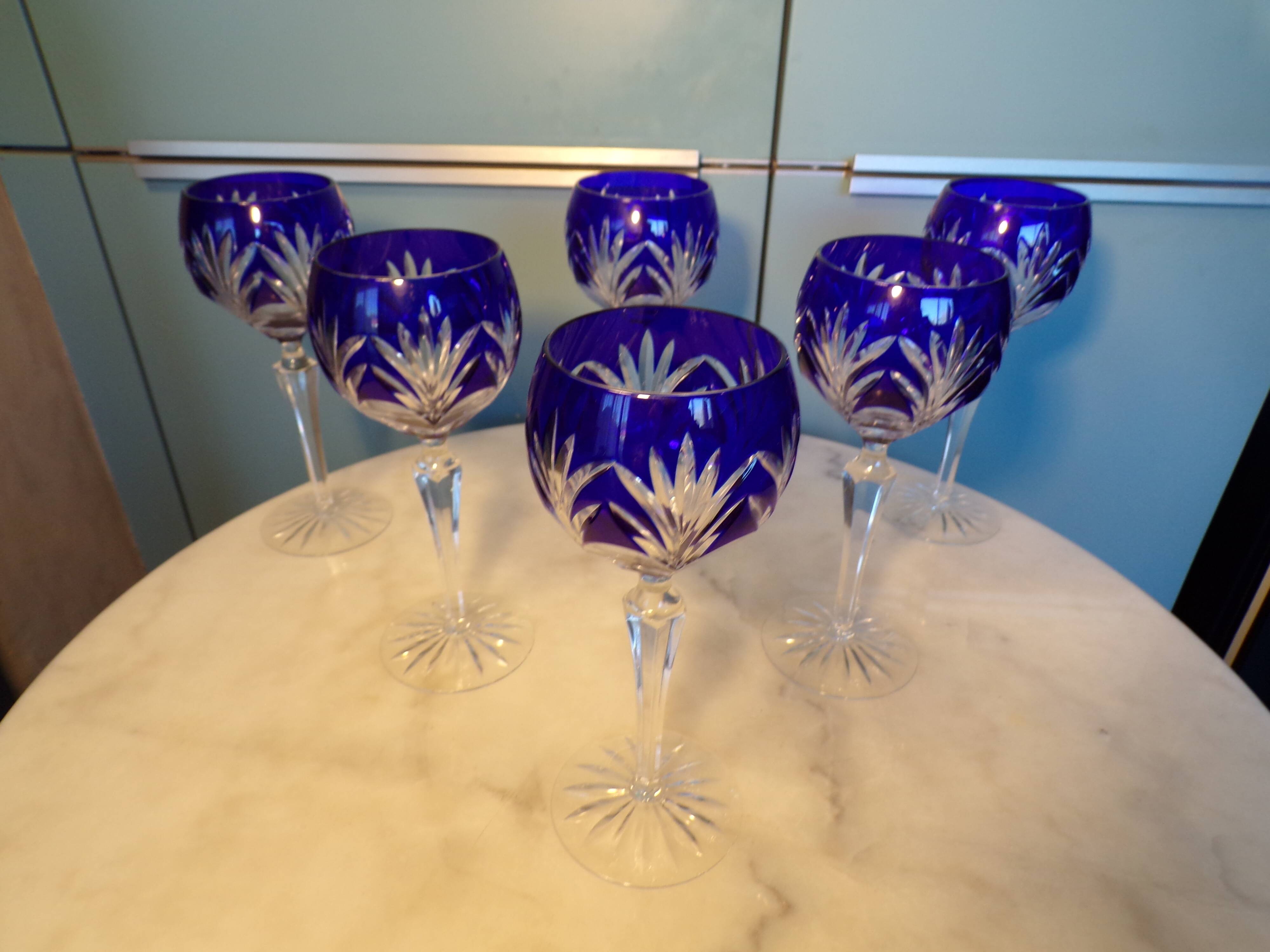 6 cut crystal cobalt blue wine glasses h=20cm