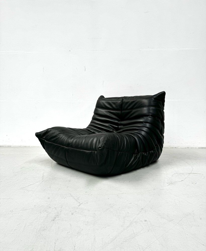 French Togo lounge chair in black leather by Michel Ducaroy for Ligne Roset, 1970s