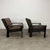 Living room sofa and brutalist armchairs in leather and wood, 70s, chalet style