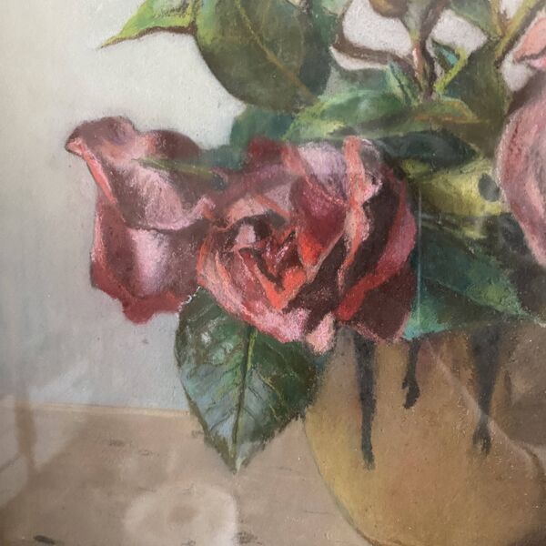 Pastel ancien bouquet de fleurs encadré art nouveau
