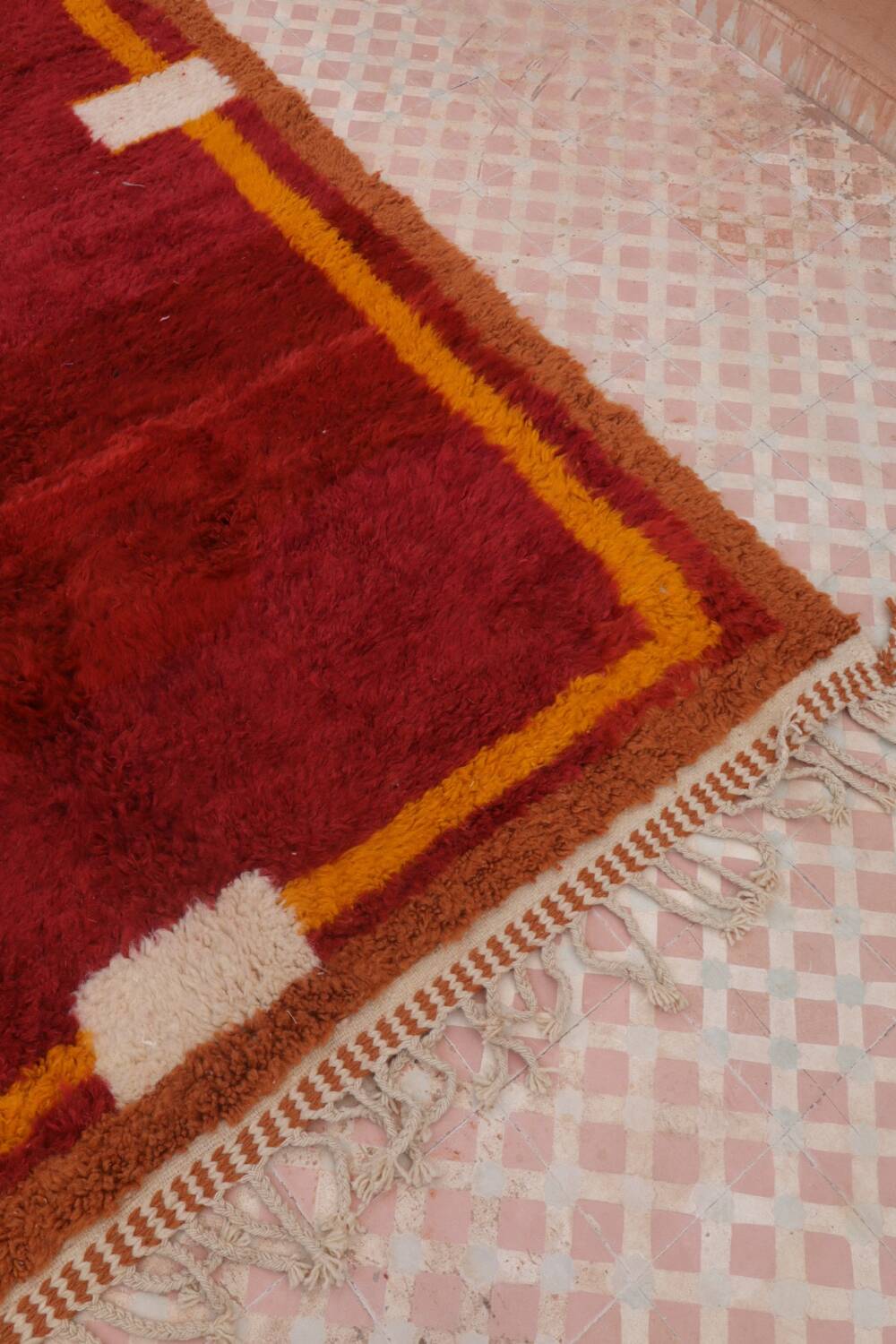 Minimalist burgundy cherry red shaggy berber rug