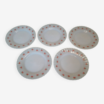 Set of white glass dessert plates, cherry patterns