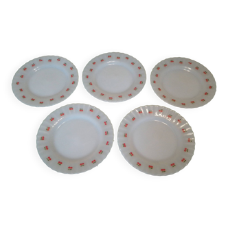 Set of white glass dessert plates, cherry patterns