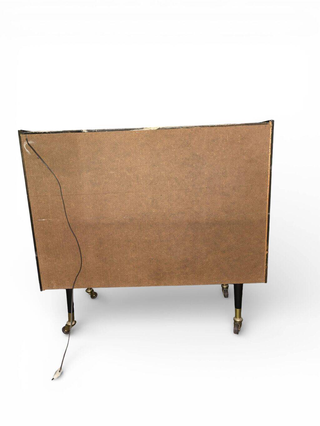 Vintage 50s-60s bar cabinet with tufted upholstery and lighting.
