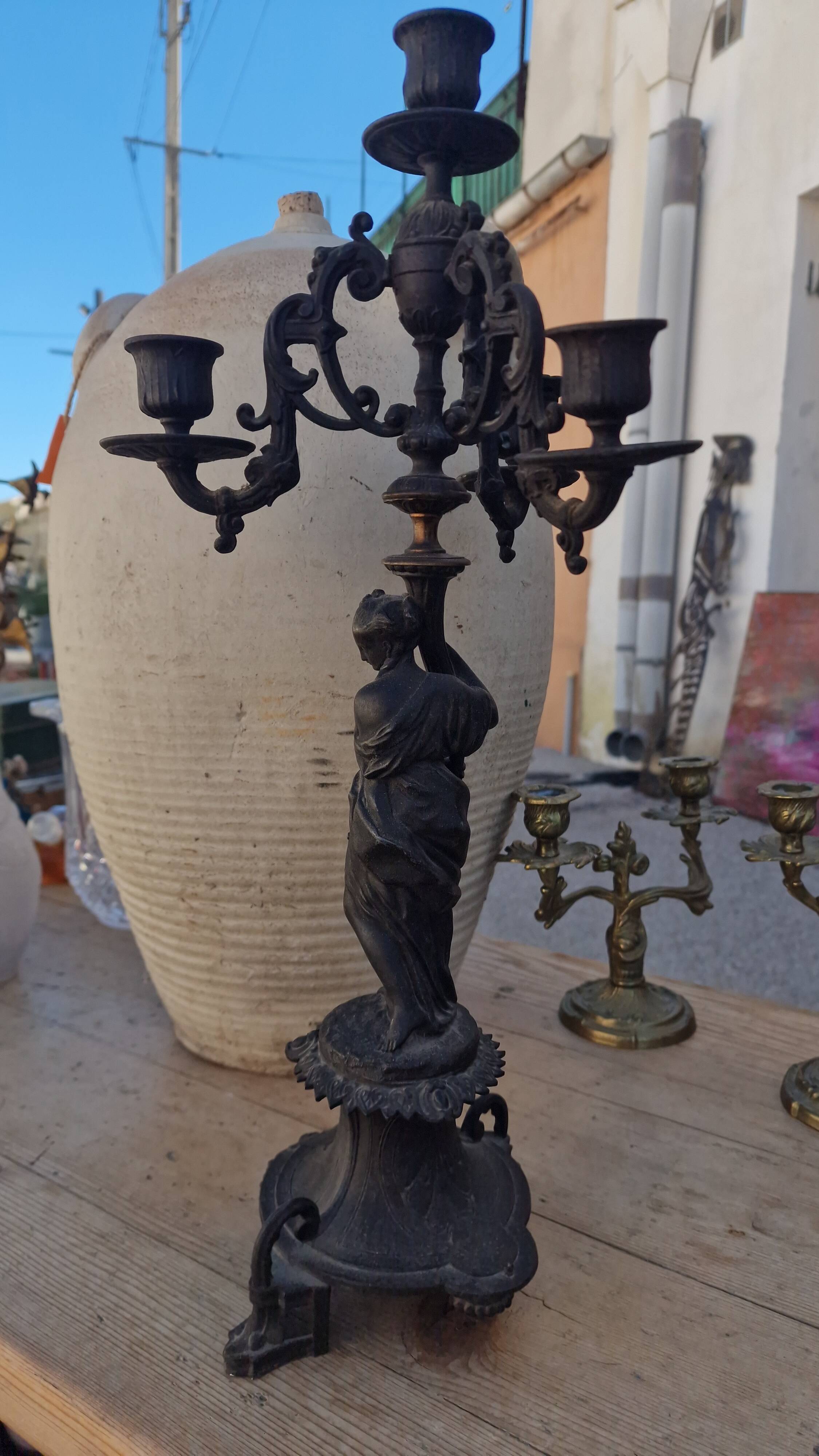 Large antique candelabra in black patinated babbitt – 19th century