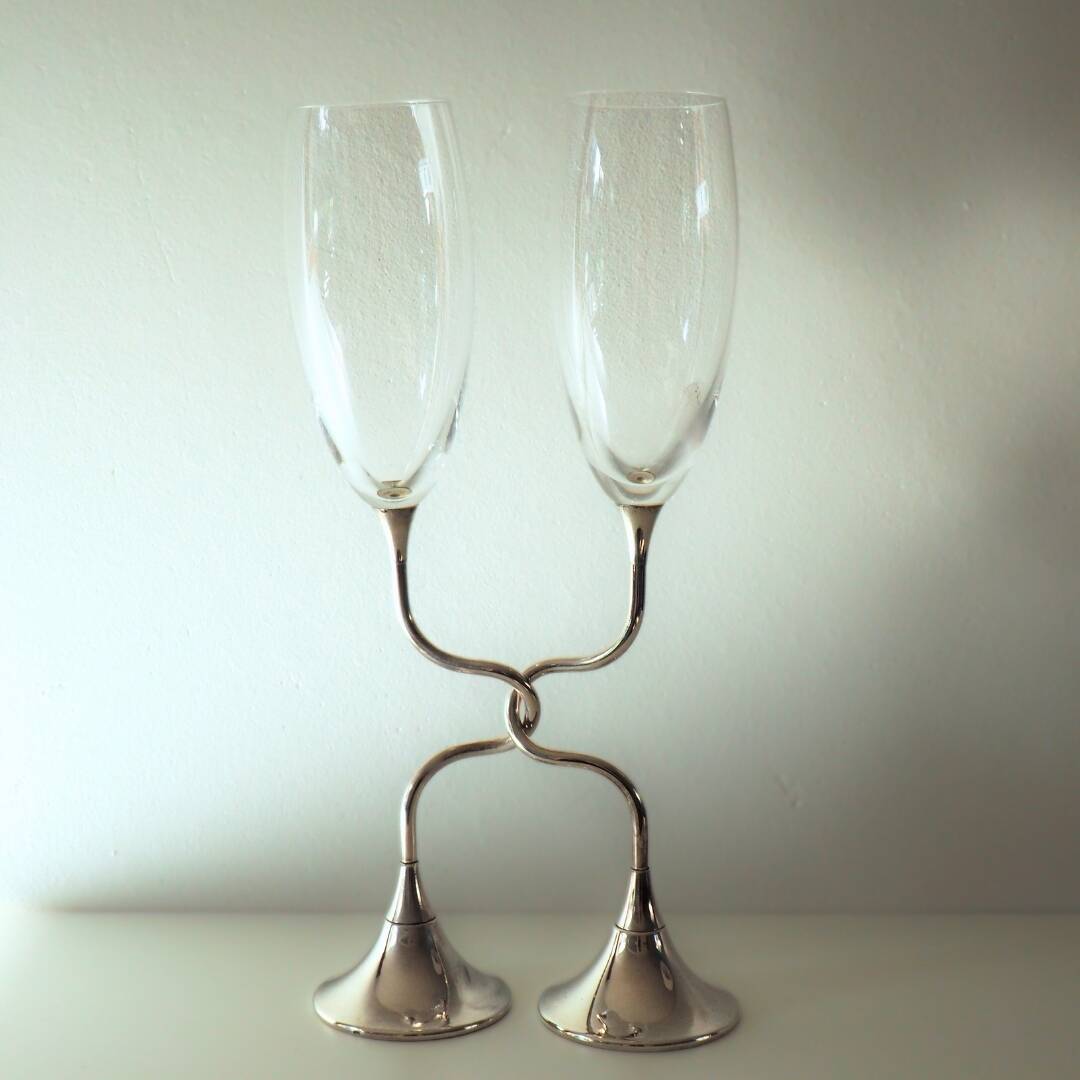 Vintage Pair of Crystal Silver Wedding Anniversary Champagne Flutes