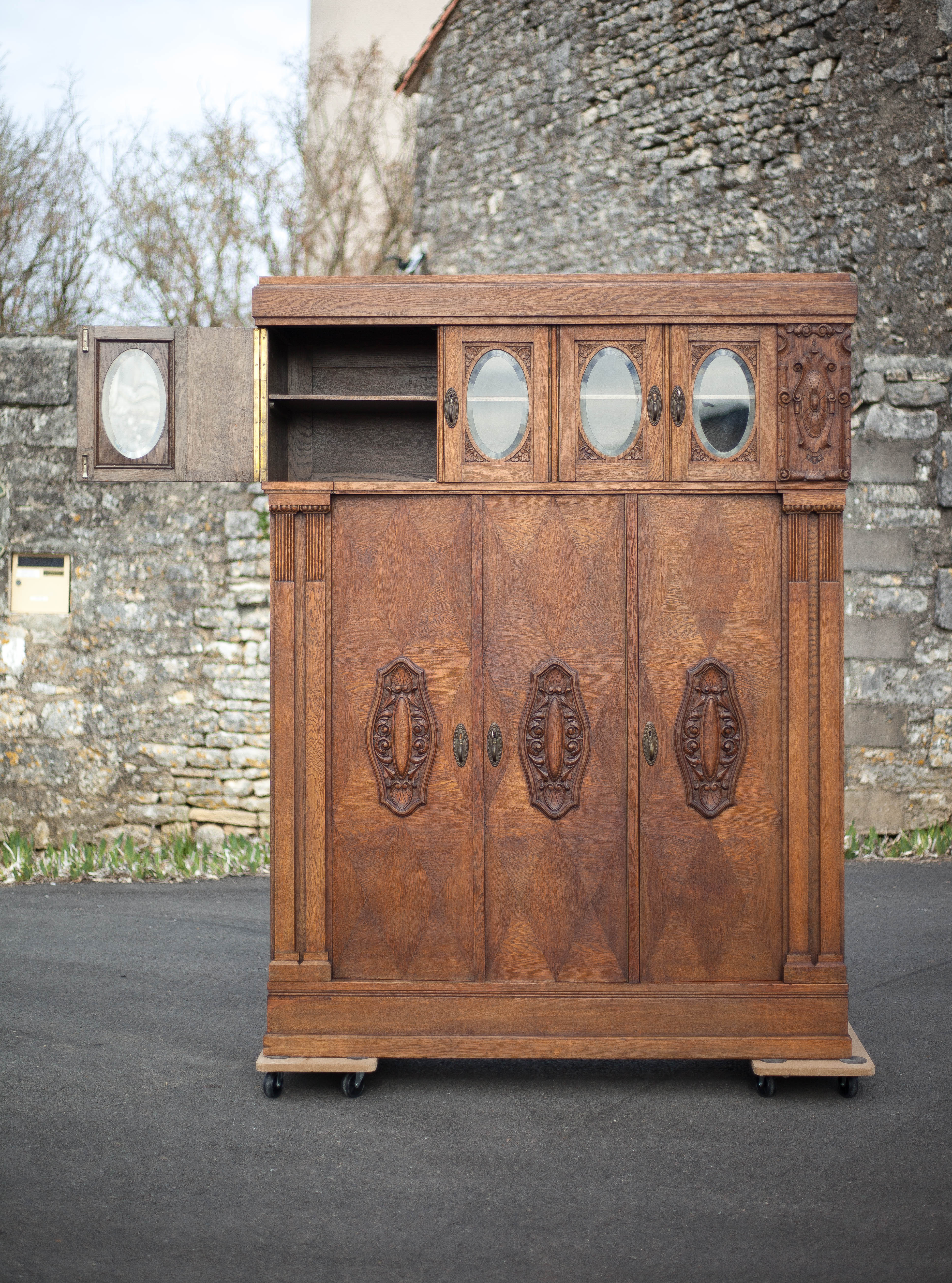 Bookcase carved wood 3 old doors, bookcase window beveled