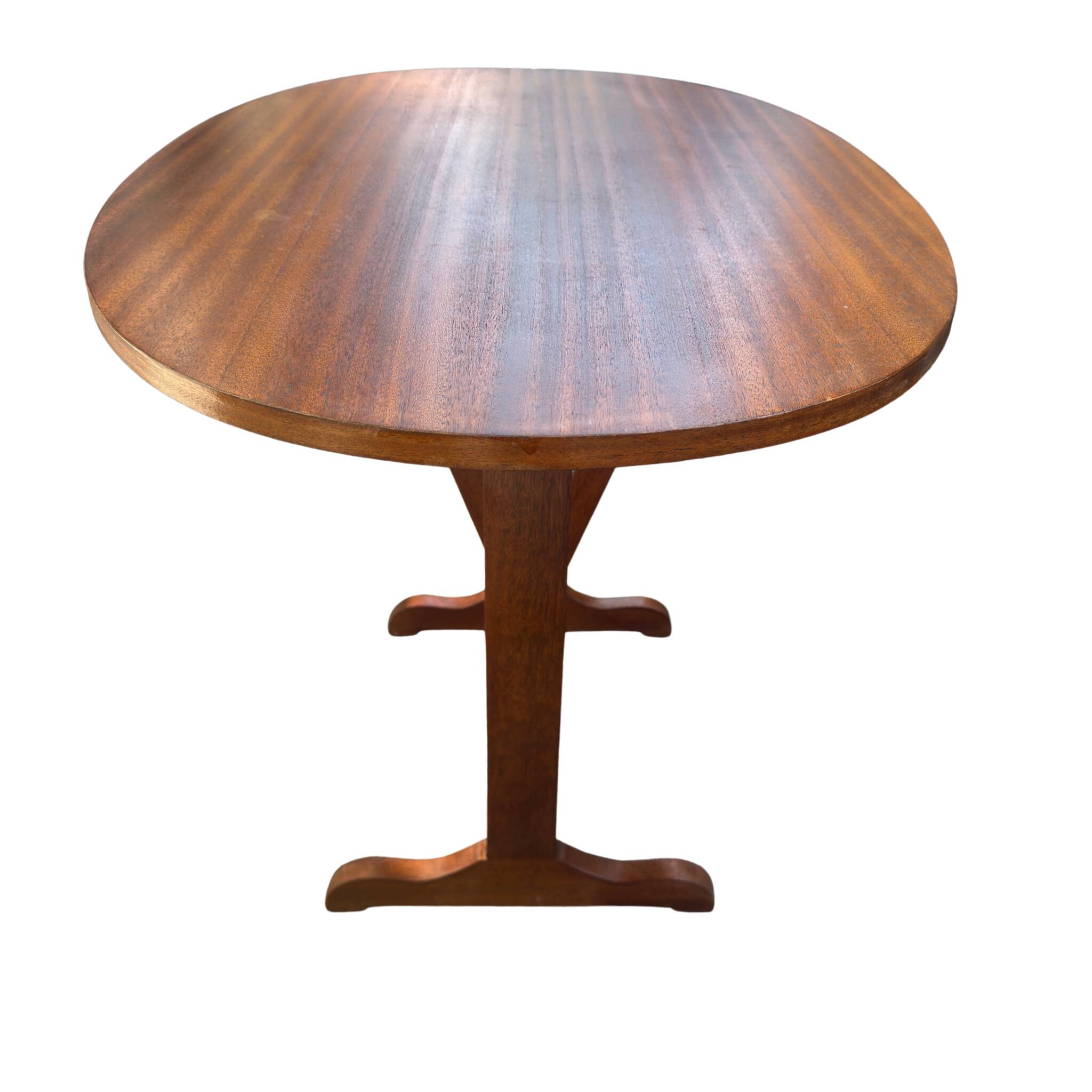 Oval folding table – mahogany veneer – V-shaped base – France, circa 1970