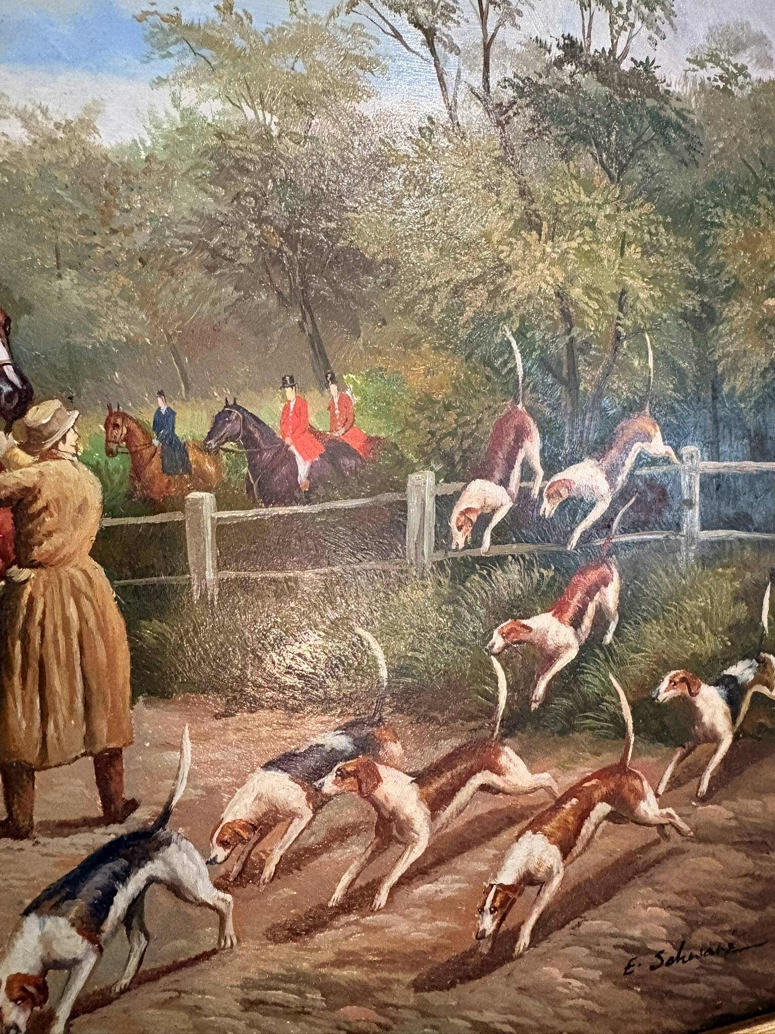 Oil Painting Panel Wood Gilded Hunting English Dog 19th Century