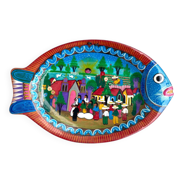 Poisson mural en terre cuite peinte, Oaxaca, Mexique, années 70-80