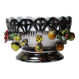 Vintage Italian silver-plated porcelain bowl with cut-out design of fruits and flowers.