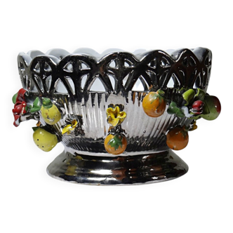 Vintage Italian silver-plated porcelain bowl with cut-out design of fruits and flowers.