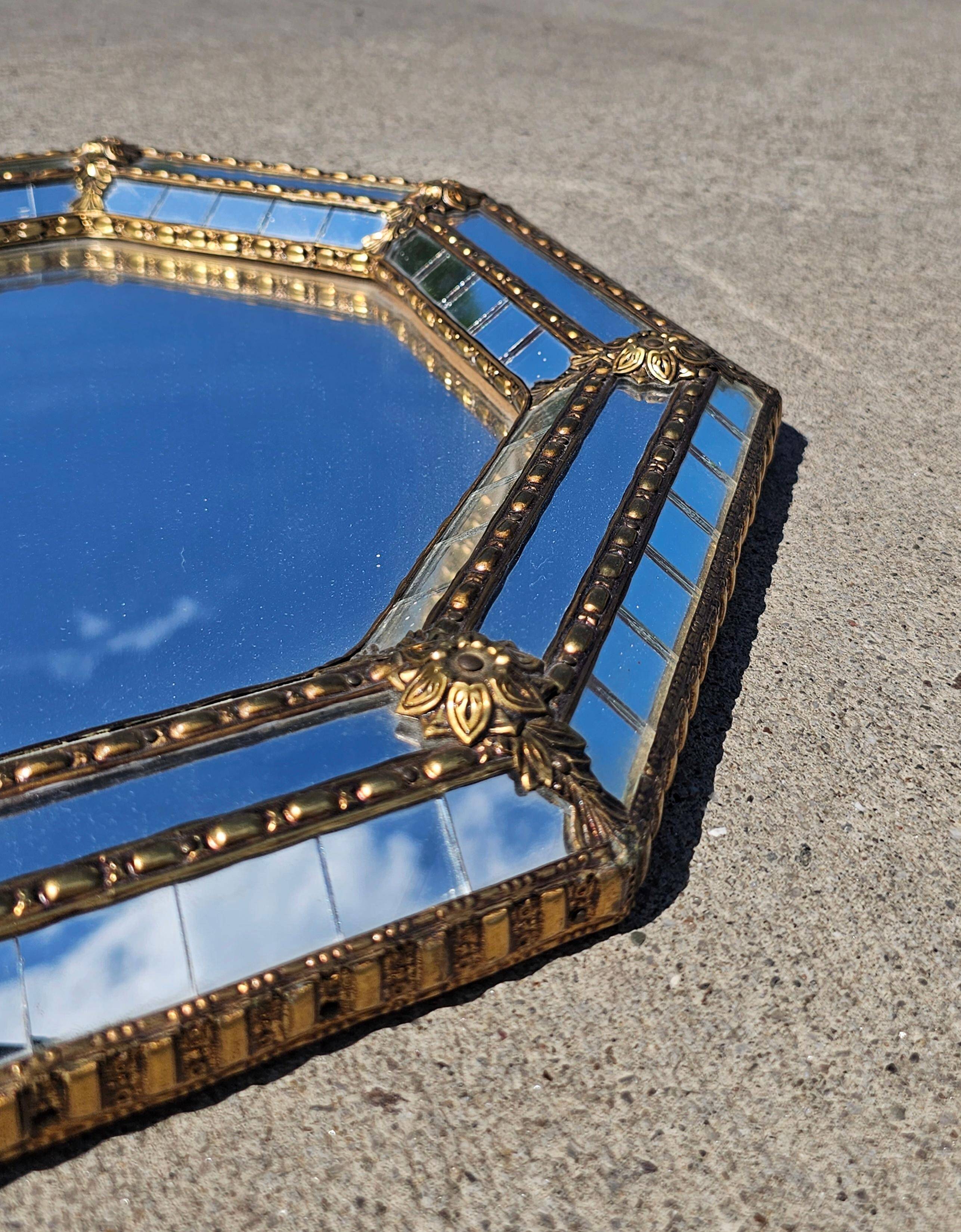 Octagonal Hollywood Regency Mirror with Floral Brass Accents, 1970s