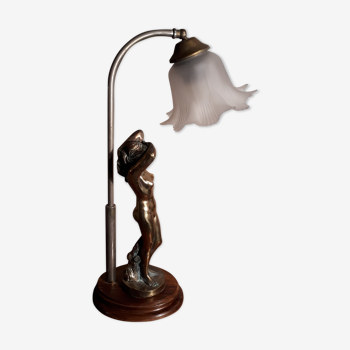 Lampe statue bronze socle bois art nouveau, 45x24