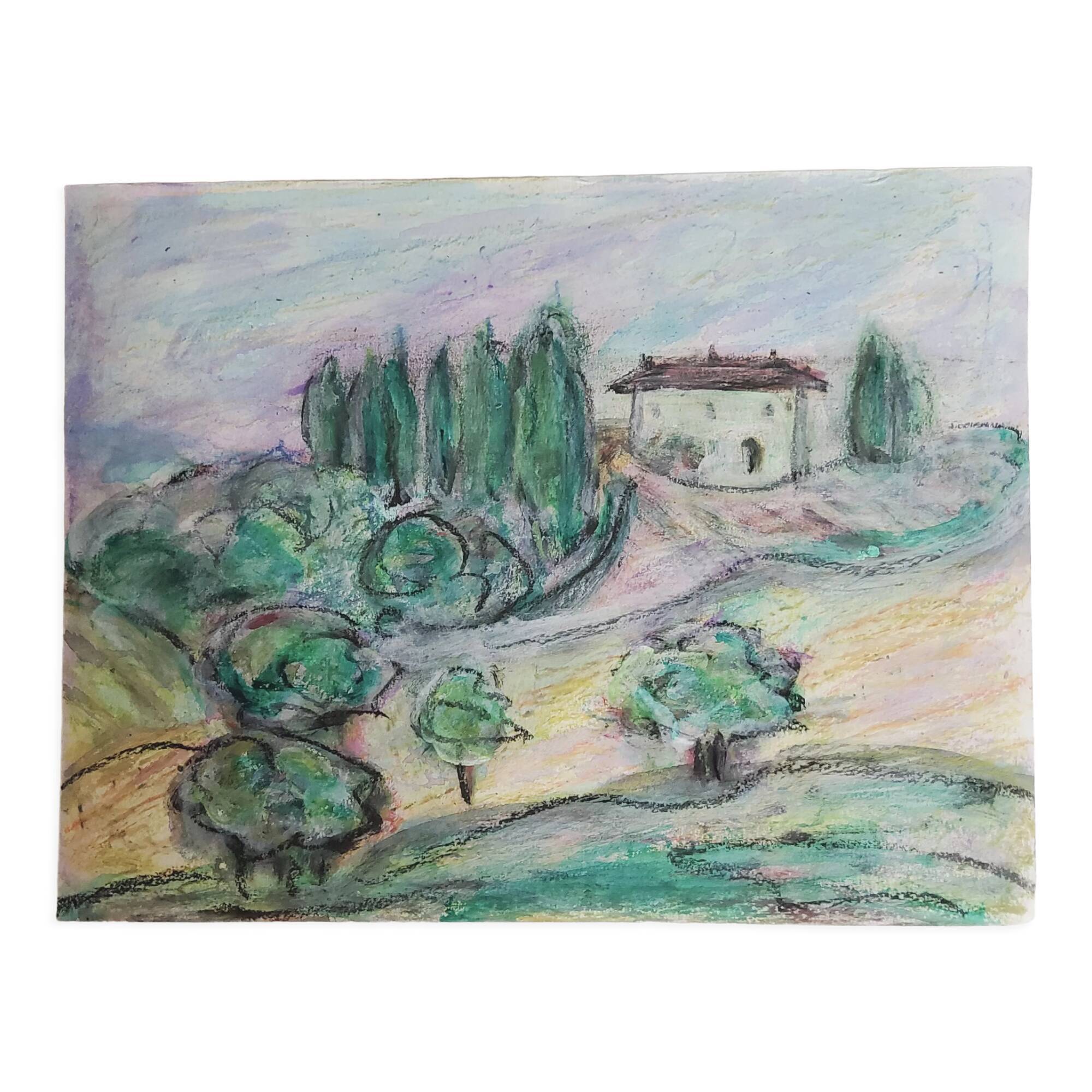 Pastel à l'huile, carnet d'un voyageur en Toscane 02, 31 x 24 cm