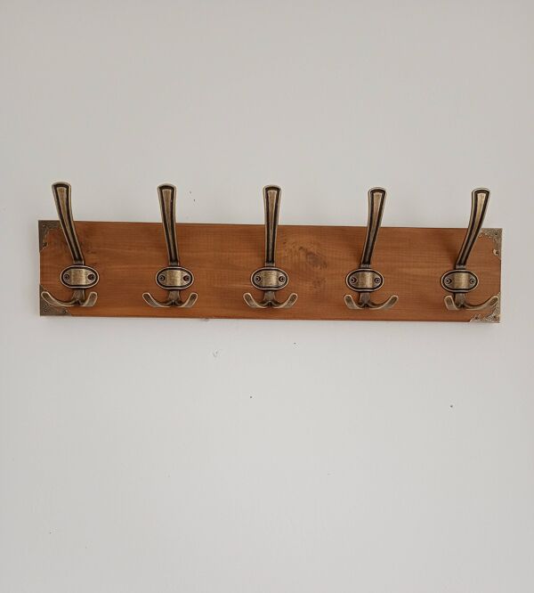 Porte-manteau mural 5 patères de style vintage en bois et métal patiné