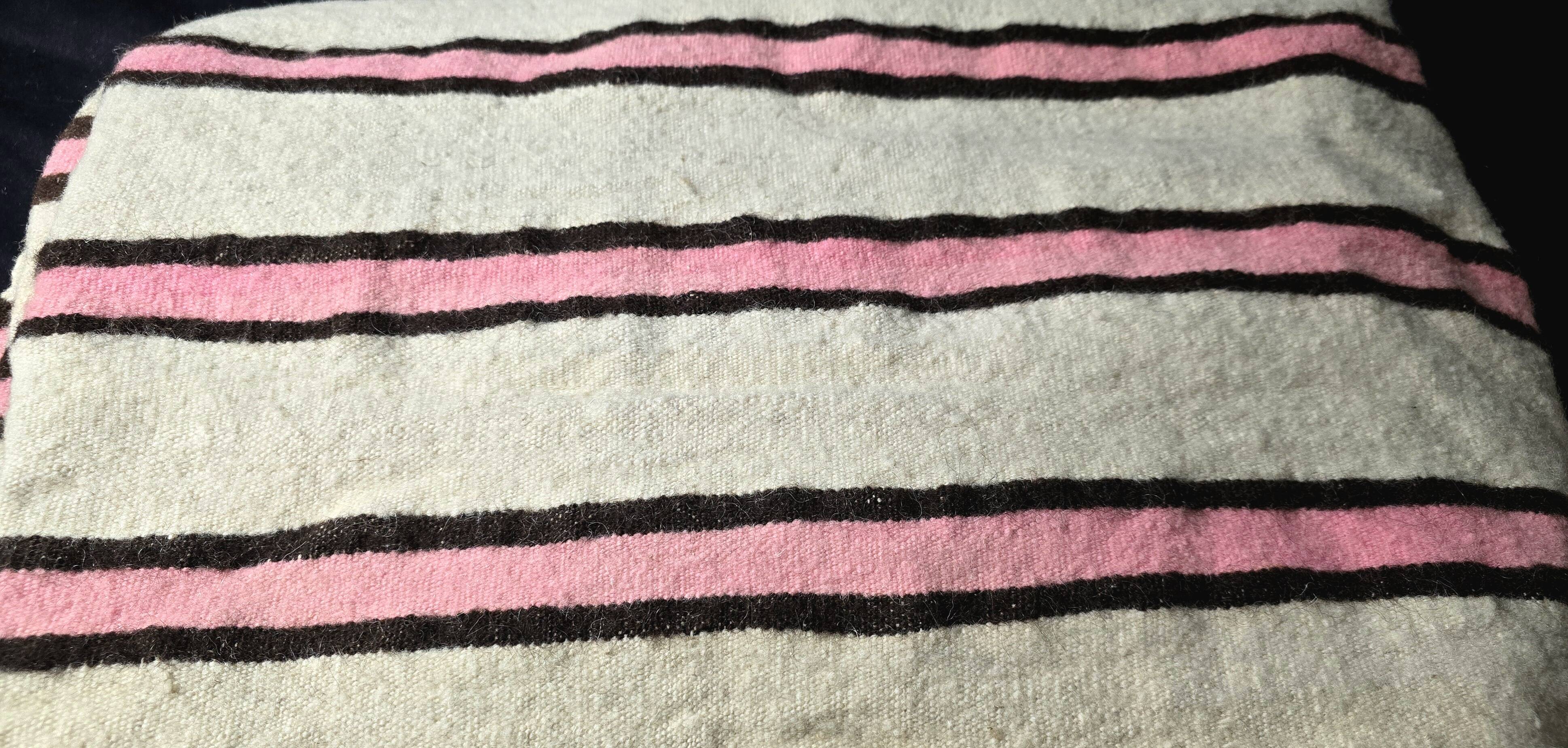 Vintage Berber blanket in neon pink, black and cream striped wool