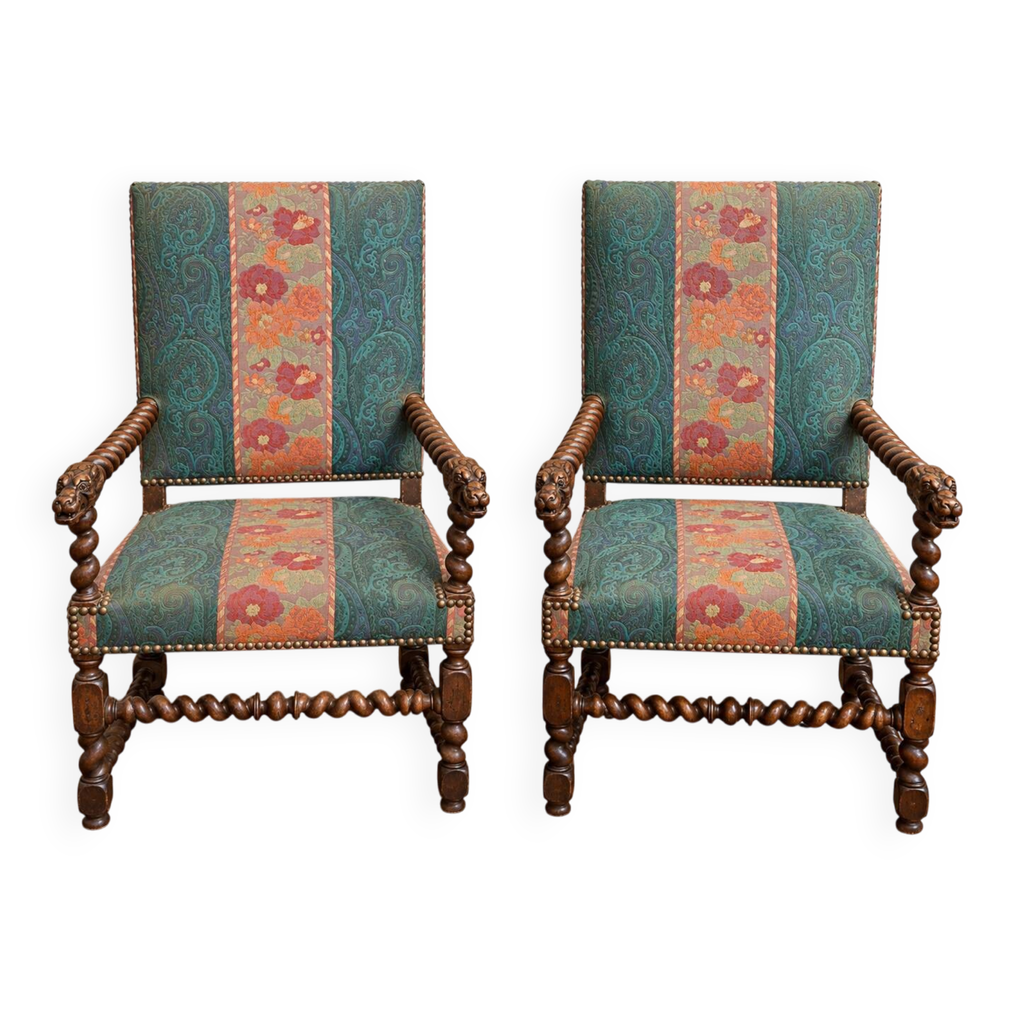 Pair of high-backed armchairs in turned wood – Carved armrests of